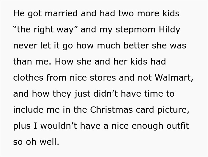 Alt text: Stepdaughter reflects on evil stepmom's failure and finds poetic justice in her turn to wine after a difficult life.
