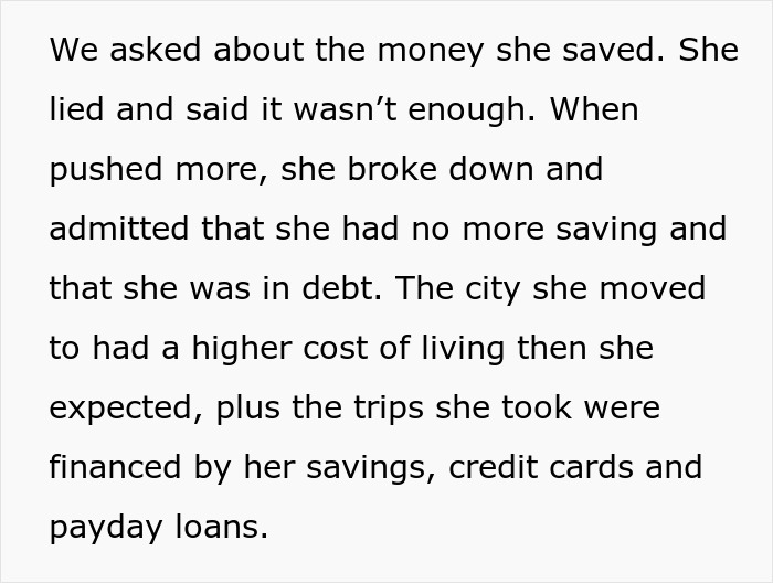 Text excerpt discussing daughter money surgeries, debt, savings, credit cards, and high cost of living challenges. Text excerpt discussing daughter money surgeries, debt, savings, credit cards, and high cost of living challenges.