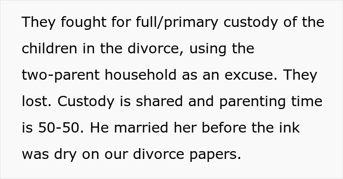 Text about custody battle in divorce, sharing parenting time 50-50, and remarriage before divorce finalized. Text about custody battle in divorce, sharing parenting time 50-50, and remarriage before divorce finalized.