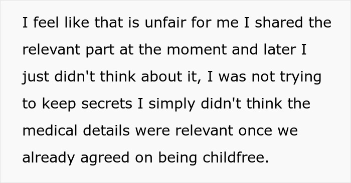 Text of a woman explaining she didn’t share about her hysterectomy with fiancé, related to childfree couple conflict.