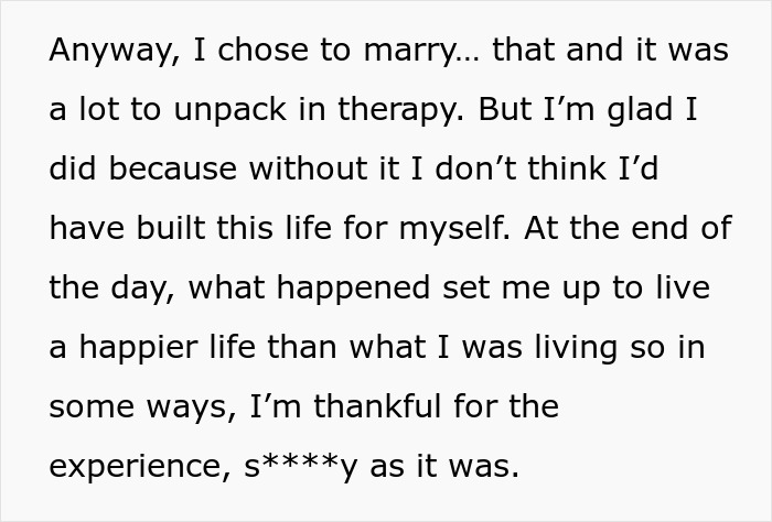 Text from a woman reflecting on therapy and personal growth after leaving her cheating husband, focusing on building a happier life.