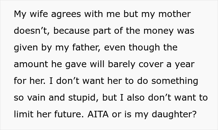 Text discussing family disagreement over spending grandpa's inheritance on a BBL versus funding college education. Text discussing family disagreement over spending grandpa's inheritance on a BBL versus funding college education.