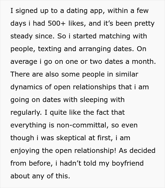 Text about signing up on a dating app, exploring open relationship dynamics, and experiences with non-committal dating.