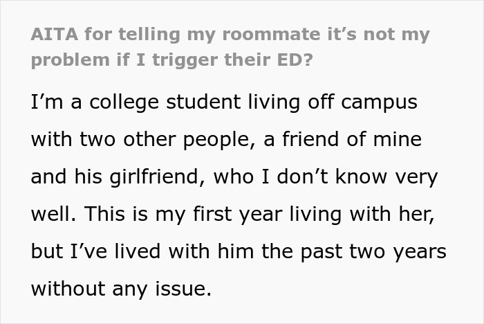 Text excerpt about a college student living with a health nut roommate who follows a strict diet triggering her eating disorder. Text excerpt about a college student living with a health nut roommate who follows a strict diet triggering her eating disorder.