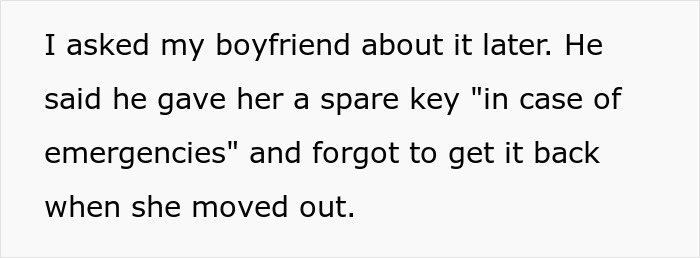 Text excerpt about a guy secretly giving his sister a spare key to his girlfriend’s house causing conflict when he refuses to take it back.