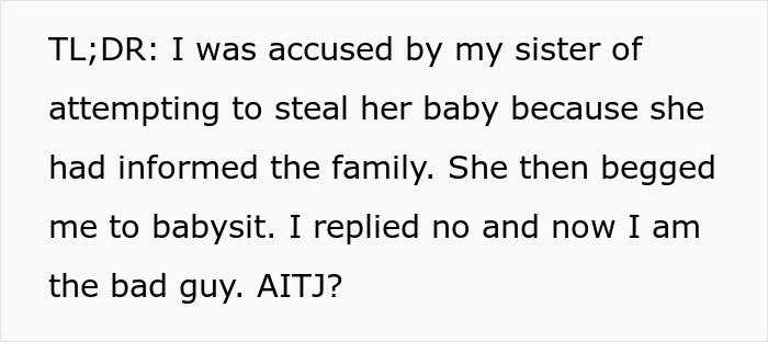 Person explaining being accused by sibling and refusing to care for newborn nephew, causing family conflict. Person explaining being accused by sibling and refusing to care for newborn nephew, causing family conflict.