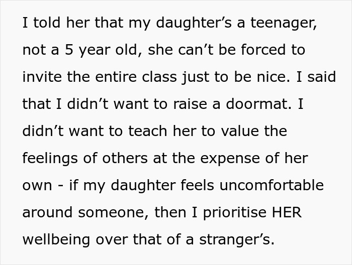 Alt text: Text discussing a mom defending her 13-year-old daughter's choice not to invite one girl from school. Alt text: Text discussing a mom defending her 13-year-old daughter's choice not to invite one girl from school.
