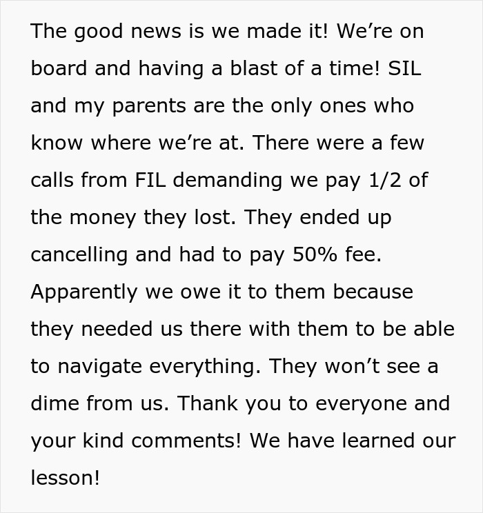 Text excerpt about a vacation dispute involving MIL and a couple navigating financial demands and cancellations. Text excerpt about a vacation dispute involving MIL and a couple navigating financial demands and cancellations.