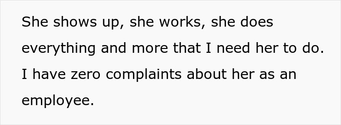 Text stating an employer’s positive feedback about an employee’s work performance in a right to fire state context.