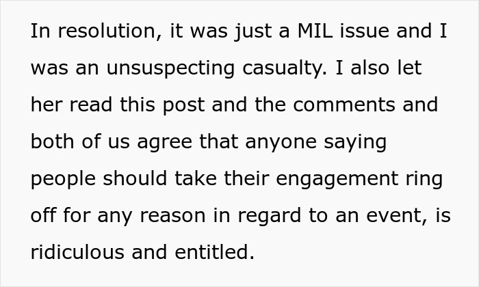 Text excerpt discussing a family disagreement over wearing an engagement ring and stealing spotlight with a baby. Text excerpt discussing a family disagreement over wearing an engagement ring and stealing spotlight with a baby.