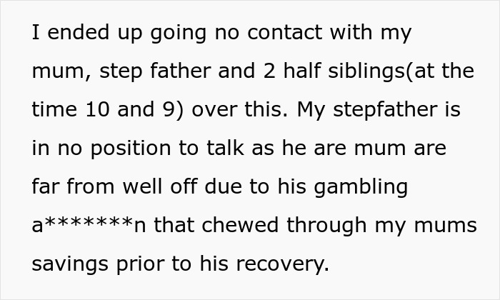 Text excerpt about woman called poor by stepdad accused of flexing wealth after giving stepsiblings cars and cash. Text excerpt about woman called poor by stepdad accused of flexing wealth after giving stepsiblings cars and cash.