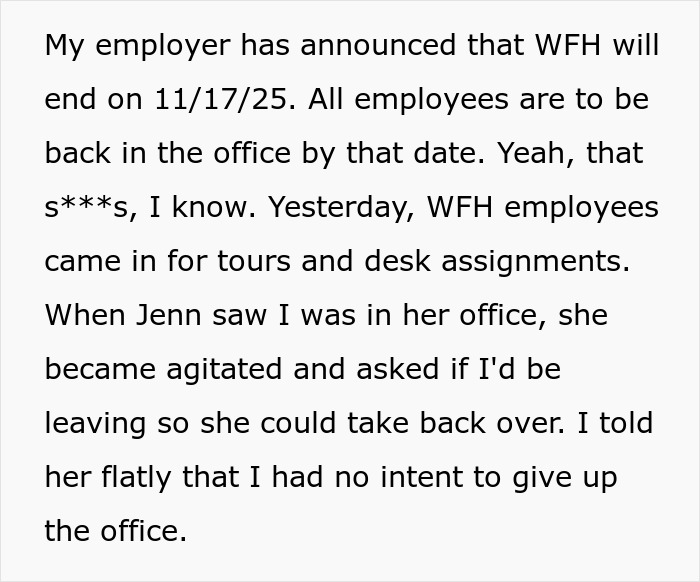 Woman expects her private office back after working from home for 2 years, faces unexpected reality at workplace. Woman expects her private office back after working from home for 2 years, faces unexpected reality at workplace.