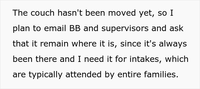 Text message discussing a delayed office swap and a plan to email supervisors about keeping the couch in place. Text message discussing a delayed office swap and a plan to email supervisors about keeping the couch in place.