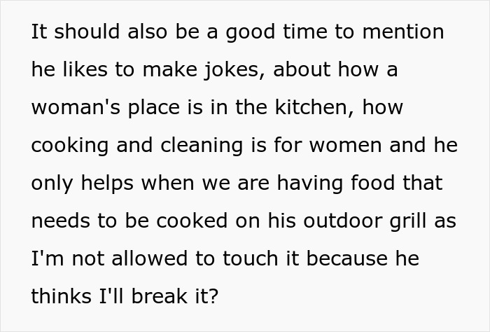 Text excerpt discussing outdated gender roles and unfair expectations in a relationship involving cooking and cleaning.