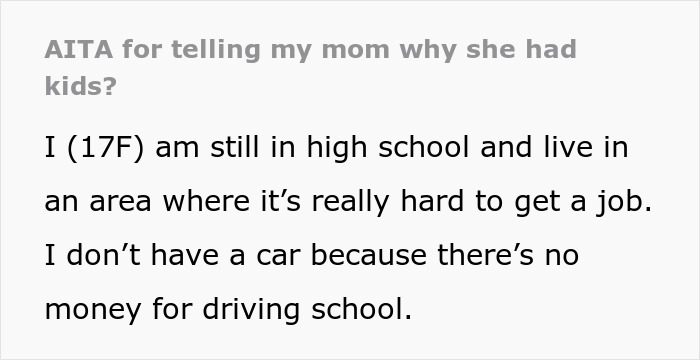 Alt text: 17YO calls out mom for retiring from parenting after telling kids to buy their own food in a high school job struggle. Alt text: 17YO calls out mom for retiring from parenting after telling kids to buy their own food in a high school job struggle.