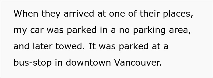 Text excerpt about a car being parked illegally and towed at a bus stop in downtown Vancouver after a night of clubbing. Text excerpt about a car being parked illegally and towed at a bus stop in downtown Vancouver after a night of clubbing.