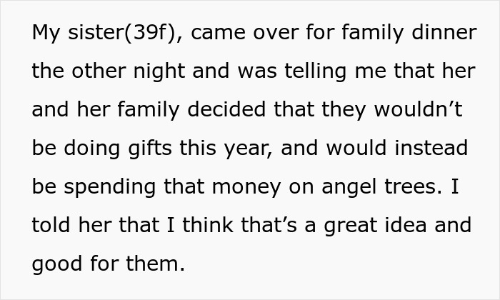 Text excerpt showing a woman discussing sister's decision to skip gifts for charity during family dinner conversation. Text excerpt showing a woman discussing sister's decision to skip gifts for charity during family dinner conversation.