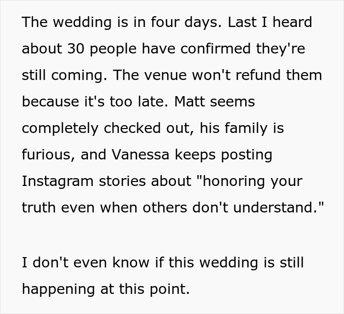 Text excerpt describing chaos and shock caused by a spiritual bride’s decision two weeks before the wedding.