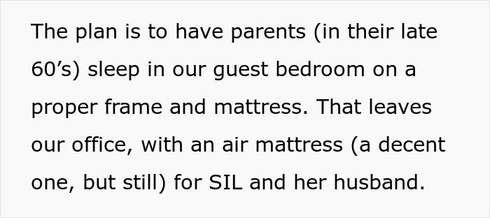 Text excerpt discussing plans to have parents sleep in guest bedroom and pregnant SIL using an air mattress instead.