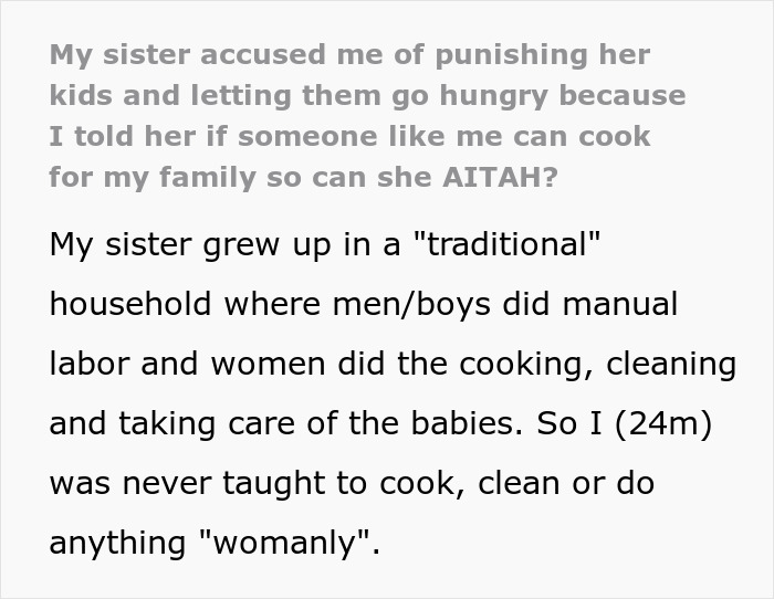 Text excerpt about trad wife sister upset over brother refusing to cook or do traditional womanly tasks for family.