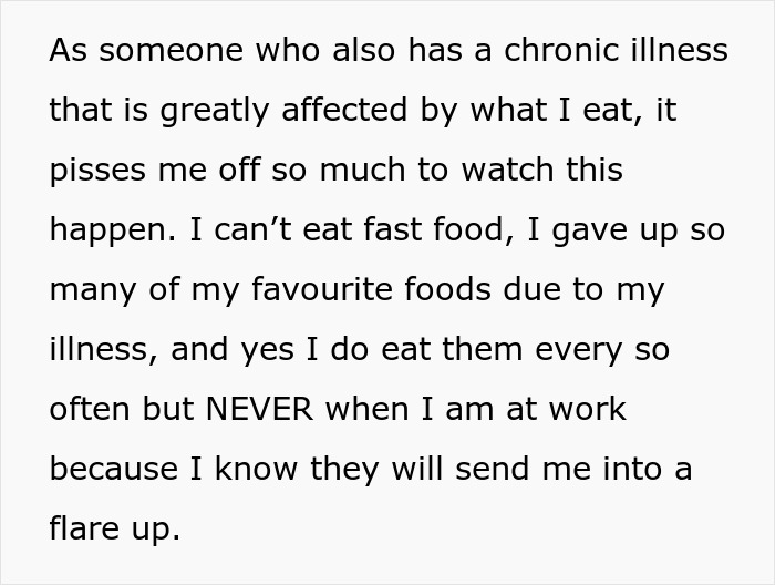 Alt text: Woman eats what she shouldn’t at work, causing a coworker to suffer the consequences in a shared office setting. Alt text: Woman eats what she shouldn’t at work, causing a coworker to suffer the consequences in a shared office setting.
