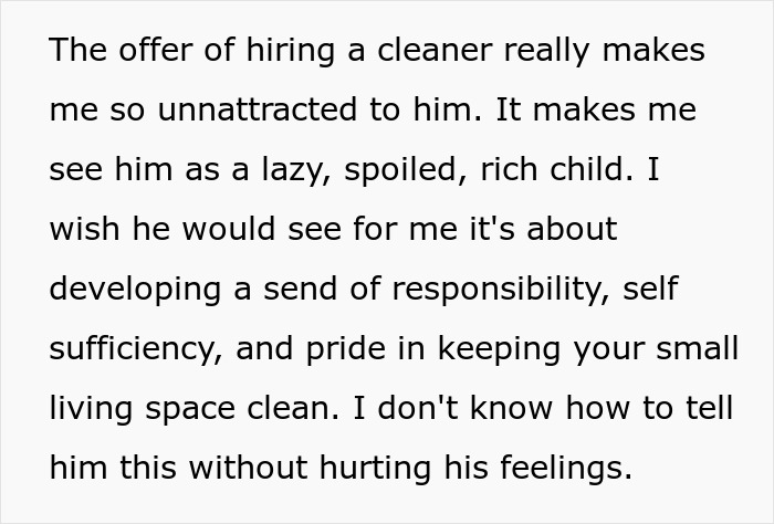 Text showing frustration about partner hiring a cleaner, linking to feelings of responsibility and pride in home maintenance. Text showing frustration about partner hiring a cleaner, linking to feelings of responsibility and pride in home maintenance.