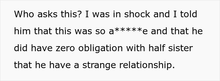 Text excerpt showing a woman expressing shock about her brother’s strange relationship and lack of obligation to pay her bills. Text excerpt showing a woman expressing shock about her brother’s strange relationship and lack of obligation to pay her bills.