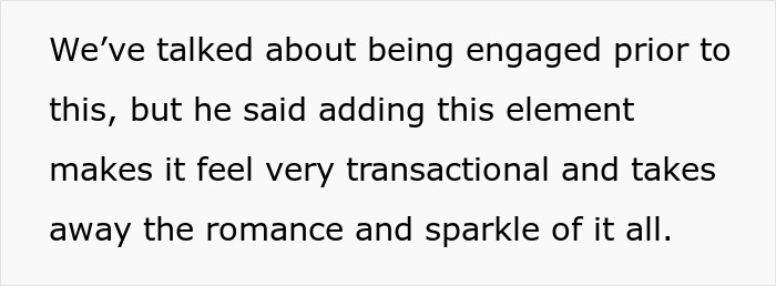Text excerpt about disagreement over engagement making relationship transactional before a $100k renovation investment. Text excerpt about disagreement over engagement making relationship transactional before a $100k renovation investment.