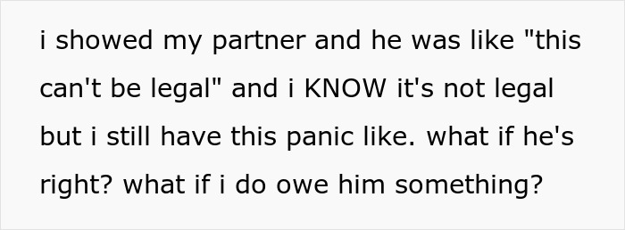 Text message expressing panic after being charged $15K for raising a daughter as a minor, questioning legality and debt.