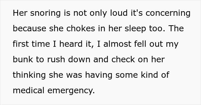 Text discussing a woman’s loud and concerning snoring causing sleep disruption for her roommate.
