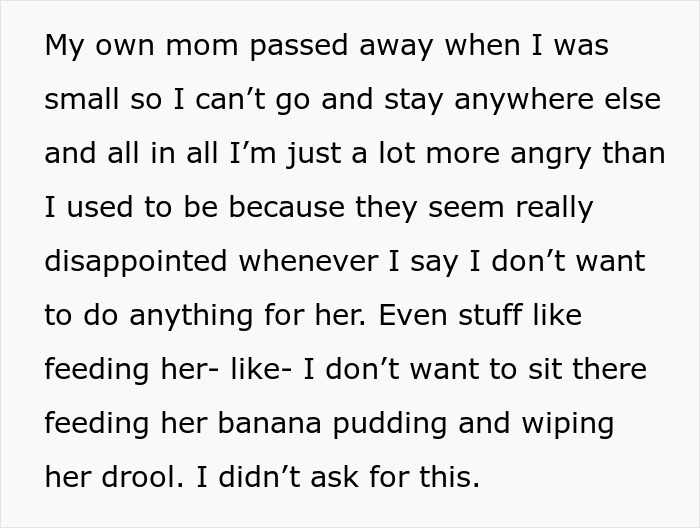 Text excerpt from sad teen refusing to visit special needs stepsister in hospital expressing anger and disappointment. Text excerpt from sad teen refusing to visit special needs stepsister in hospital expressing anger and disappointment.