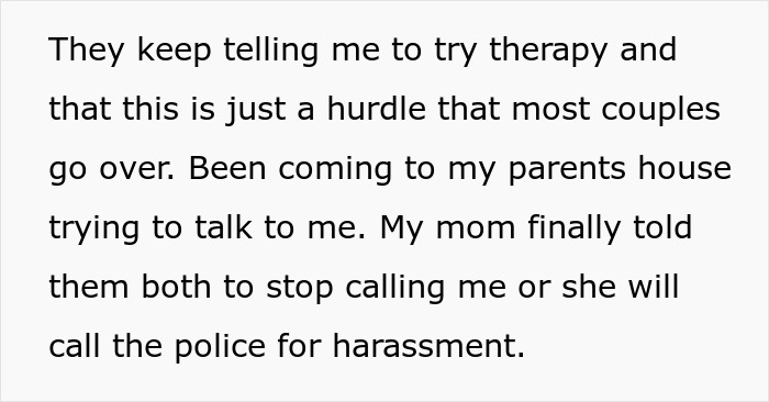 Text excerpt describing attempts at therapy and family conflict amid postpartum struggles and harassment concerns. Text excerpt describing attempts at therapy and family conflict amid postpartum struggles and harassment concerns.
