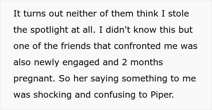 Text excerpt about cousin's family accusing woman of stealing spotlight by bringing baby and wearing engagement ring. Text excerpt about cousin's family accusing woman of stealing spotlight by bringing baby and wearing engagement ring.