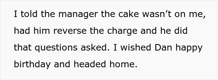 Text excerpt about refusing to pay for a cake ordered behind his back by sister-in-law in a family dispute. Text excerpt about refusing to pay for a cake ordered behind his back by sister-in-law in a family dispute.