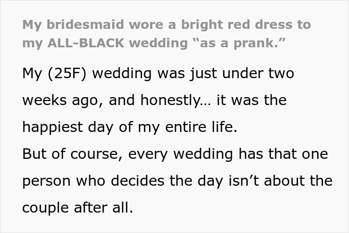 Bridesmaid breaks dress code at all-black wedding wearing bold red dress, shocking guests and bride’s reaction. Bridesmaid breaks dress code at all-black wedding wearing bold red dress, shocking guests and bride’s reaction.