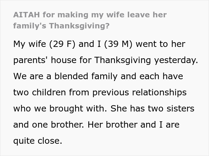 Text excerpt about a husband dragging his wife and kids from Thanksgiving after sister's major tantrum.