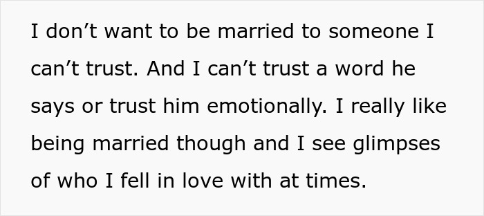 Woman expressing emotional struggle and trust issues in marriage after discovering husband lied about master’s degree.