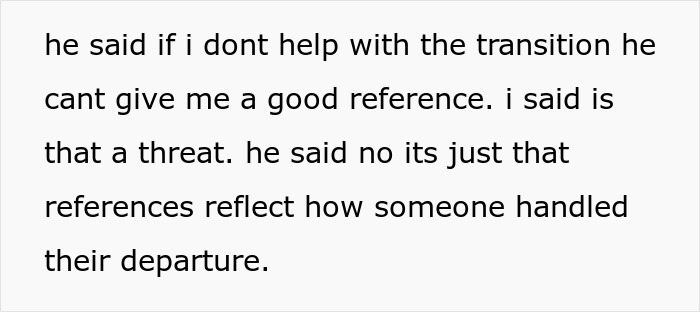 Text message conversation about employee refusing to train replacement without pay while boss threatens reference. Text message conversation about employee refusing to train replacement without pay while boss threatens reference.