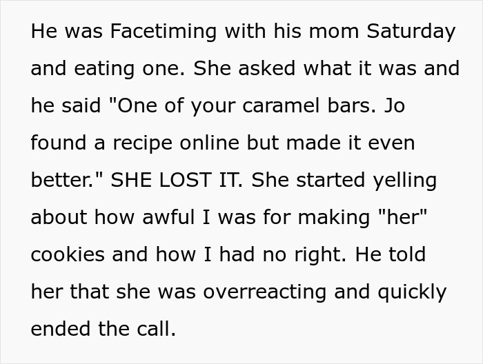 Text showing a story about a woman perfecting her boyfriend&rsquo;s mom&rsquo;s secret cookies, causing conflict and betrayal feelings.