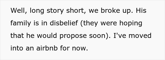 Text message describing a woman who broke up with her boyfriend and moved into an Airbnb. Text message describing a woman who broke up with her boyfriend and moved into an Airbnb.