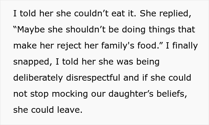 Text showing a mother confronting in-laws for mocking her daughter’s paganism and bringing forbidden foods to the family.