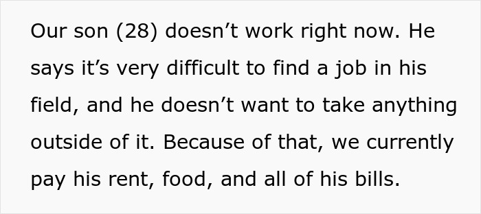 Text excerpt about adult son not working, highlighting husband retirement children finances challenges with supporting grown children. Text excerpt about adult son not working, highlighting husband retirement children finances challenges with supporting grown children.