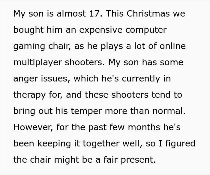 Text excerpt about a teen with anger issues who received an expensive gaming chair as a Christmas gift.