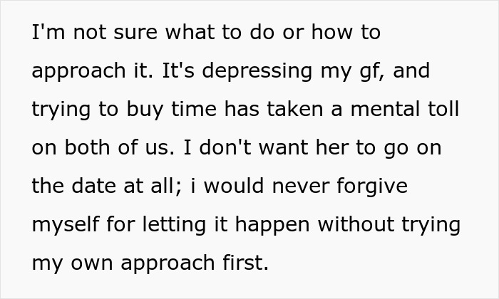 Text message expressing distress over a girlfriend’s date and the emotional toll of trying to stop it.