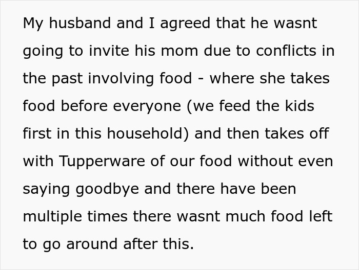 Text about MIL hogging Thanksgiving food, taking Tupperware without saying goodbye, causing conflicts over food.