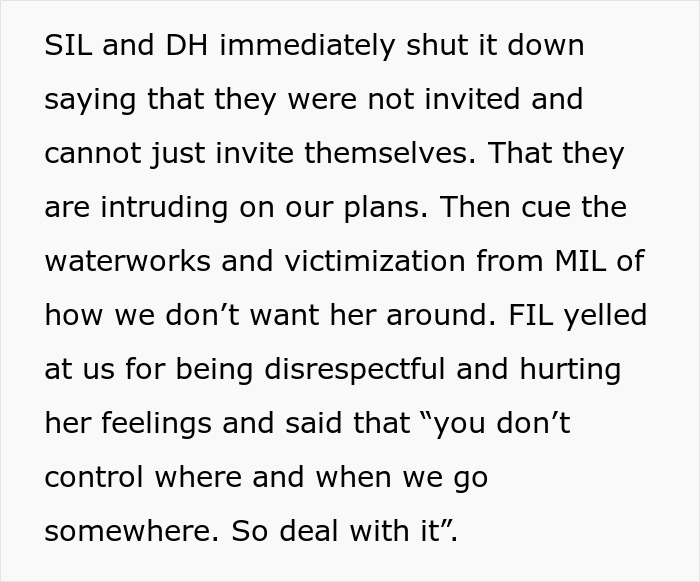 Text excerpt about MIL causing waterworks and confrontation when insisting on joining couple’s vacation plans. Text excerpt about MIL causing waterworks and confrontation when insisting on joining couple’s vacation plans.