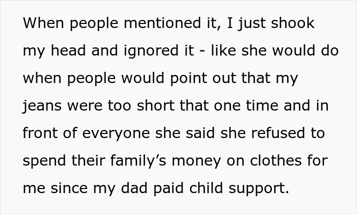 Text excerpt showing a stepdaughter’s story about her evil stepmom and the stepdaughter’s feelings of poetic justice.