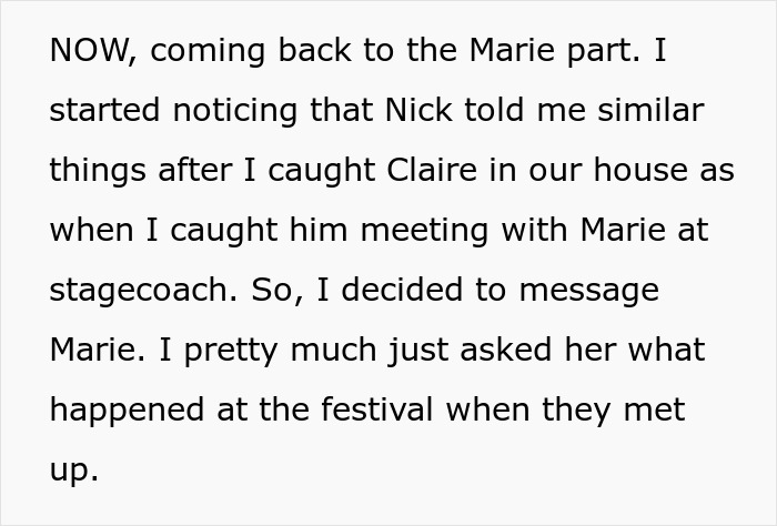 Text excerpt from a message discussing a boyfriend cheating woman vacation situation and interactions at a festival. Text excerpt from a message discussing a boyfriend cheating woman vacation situation and interactions at a festival.