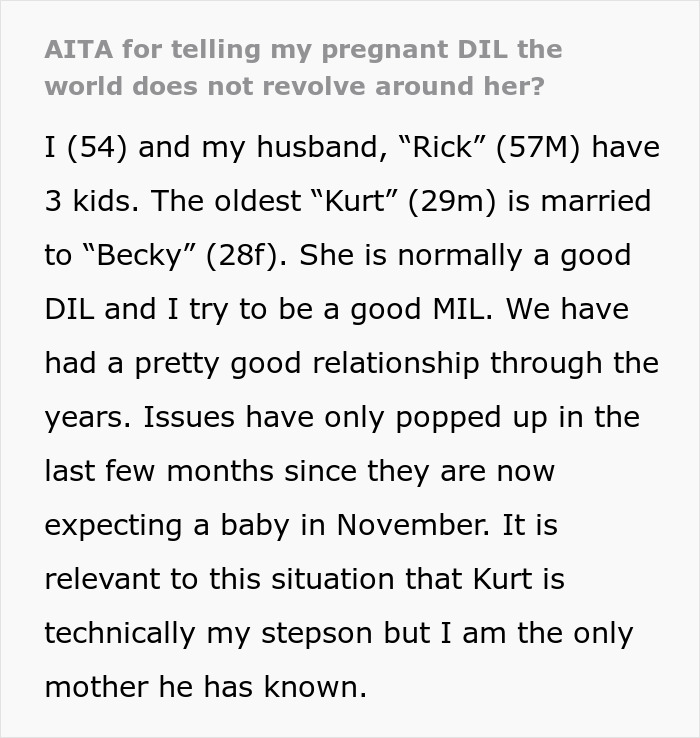 Text excerpt from MIL telling DIL the world doesn’t revolve around her pregnancy after complaints during family discussion.