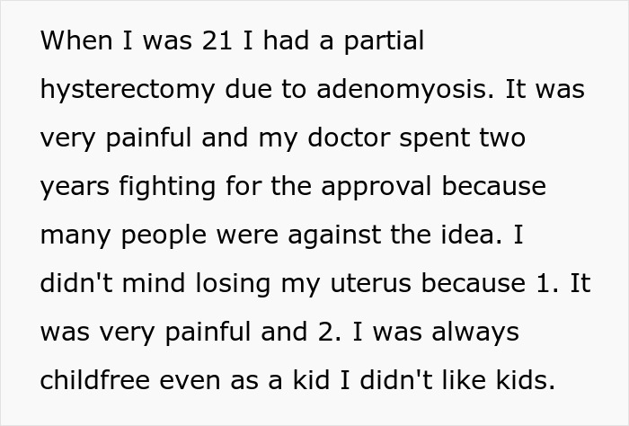 Text describing a woman’s partial hysterectomy due to adenomyosis and her childfree lifestyle choice.